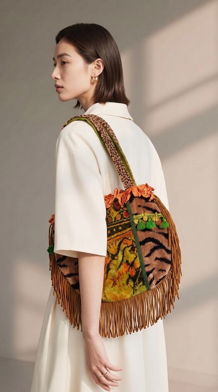 Pure West Cheryl Long Vintage Boho Tapestry Floral Leather Fringe Shoulder Bag